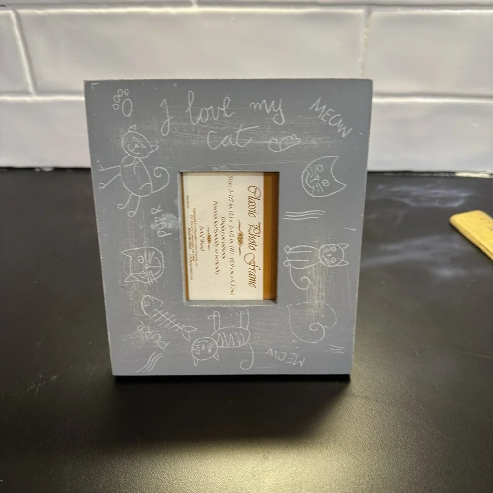 Wood Photo Pet Picture Frame Blue White I Love My Cat Meow Purr 6.6 X 5.5  Frame
